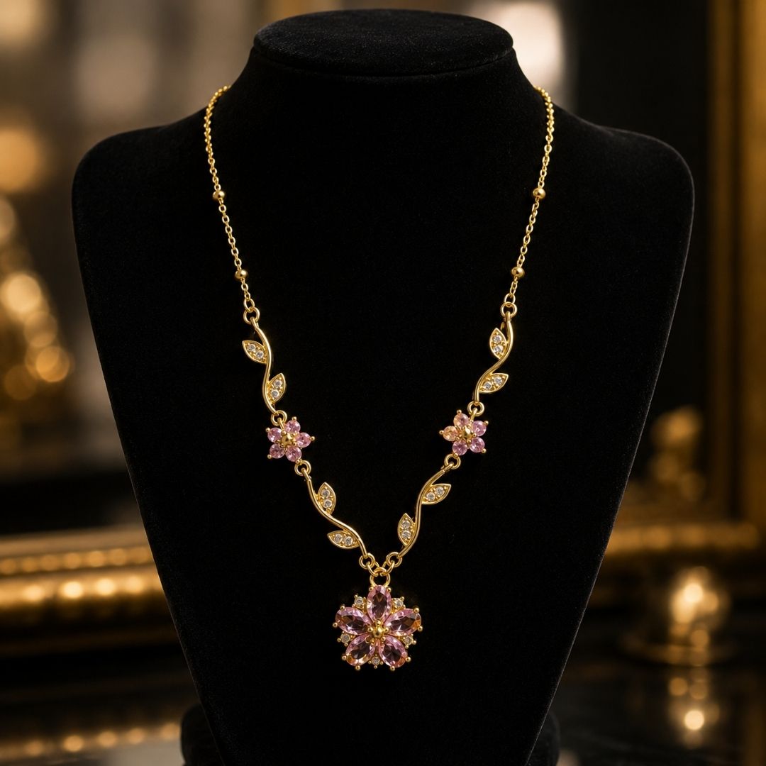 Elegant Gold Floral Pendant Necklace with Pink Crystal Stones – Delicate Statement Jewelry