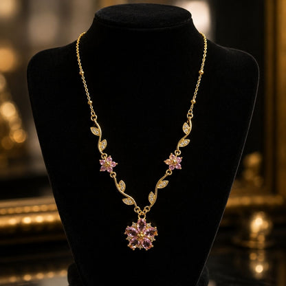 Elegant Gold Floral Pendant Necklace with Pink Crystal Stones – Delicate Statement Jewelry