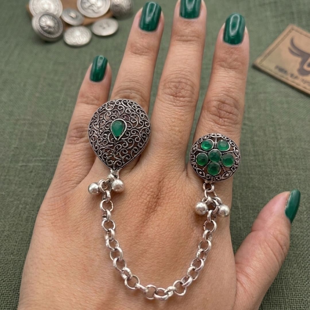Oxidized German Silver Kashmiri-Style Green Stone Chain Hand Harness Ring