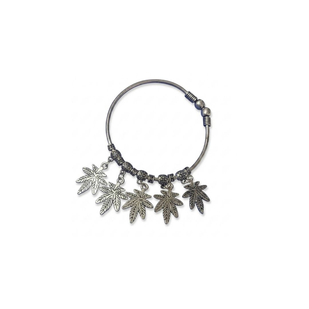 Oxidized Silver-Tone Leaf Charm Bracelet | Boho Adjustable Bangle for Women