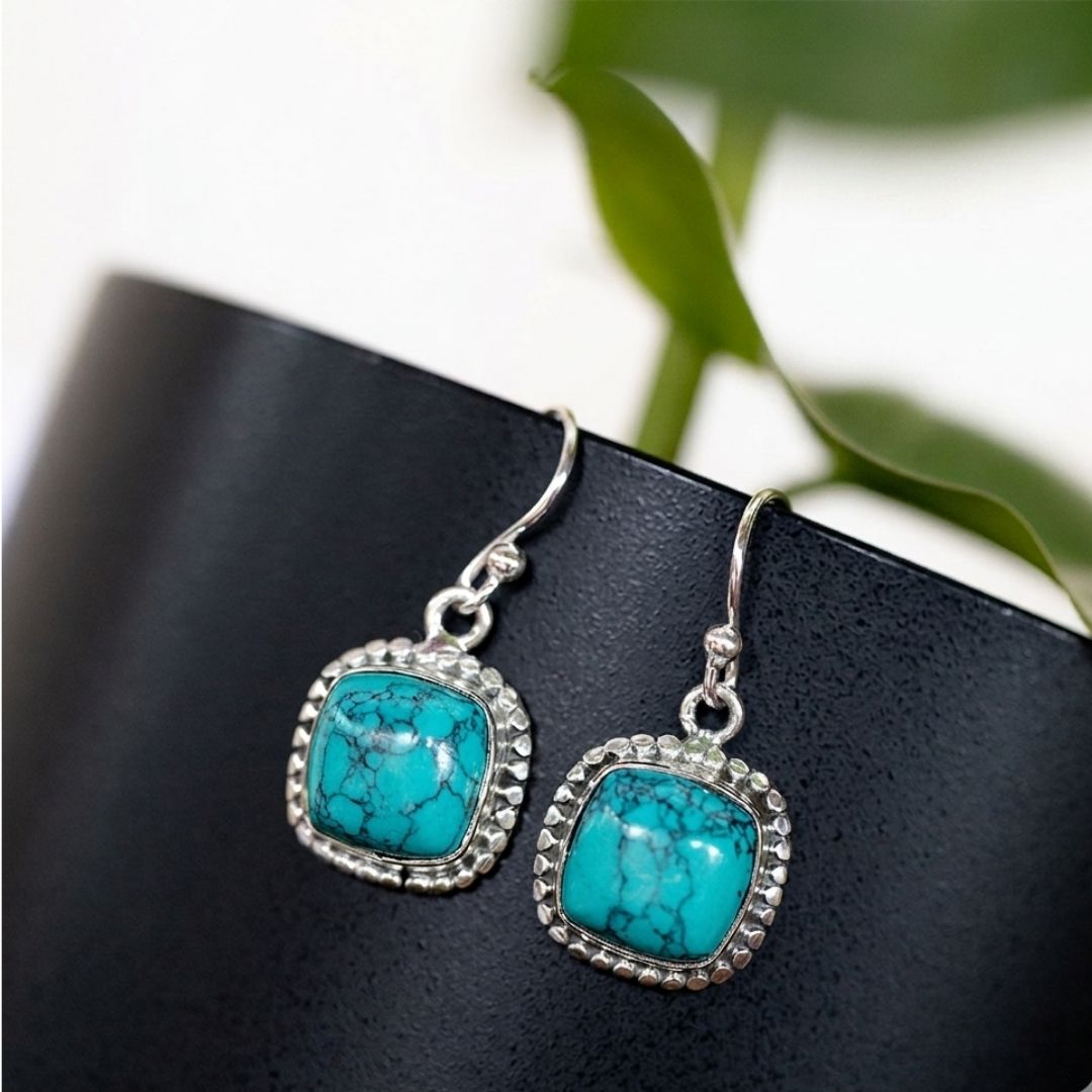 Turquoise Stone Drop Earrings – Boho Western Silver Tone Dangle Earrings