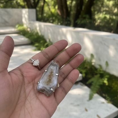 Raw Druzy Agate Pendant with Oxidised Silver Setting