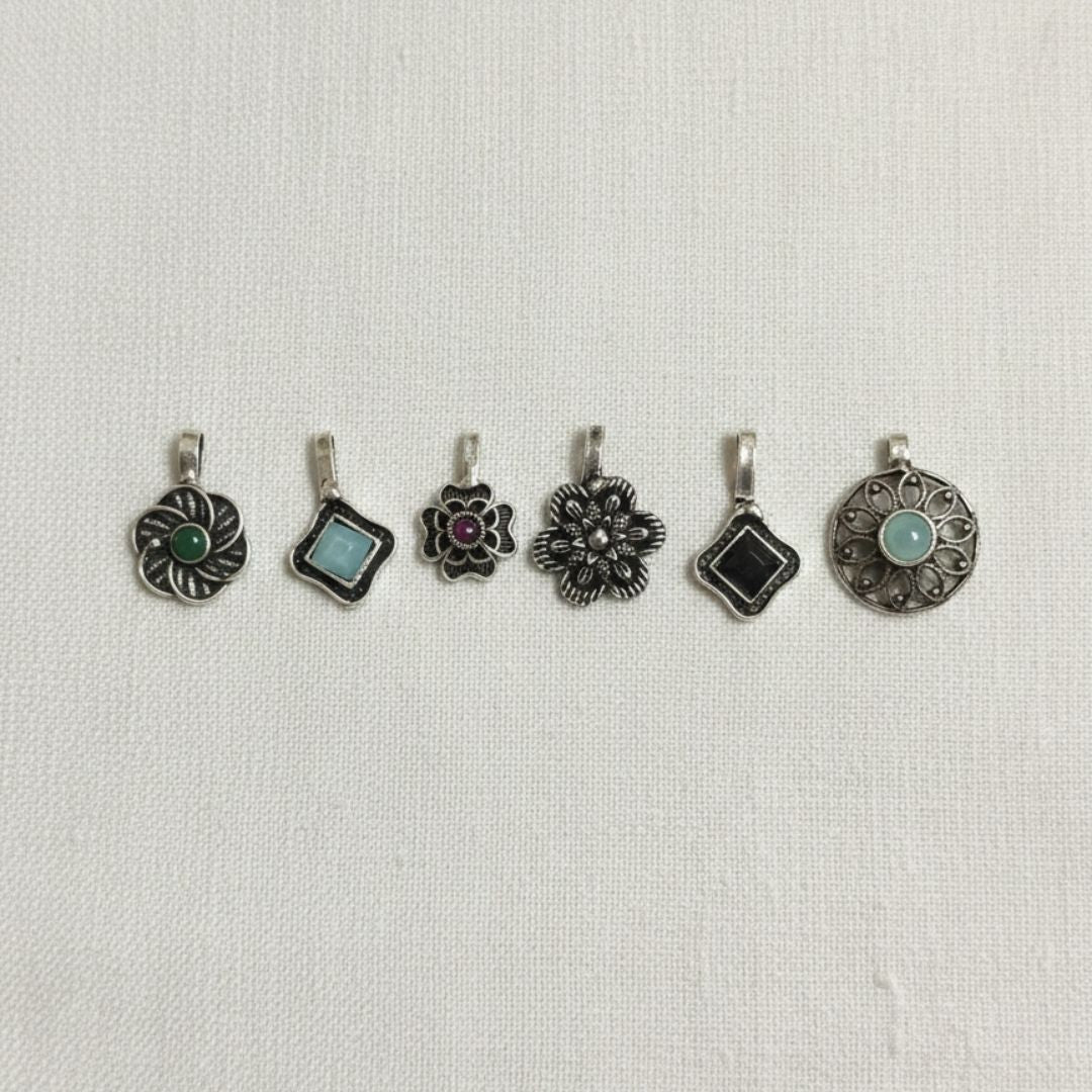 Oxidised Silver Nose Pin Set – 6 Unique Stone & Floral Variations