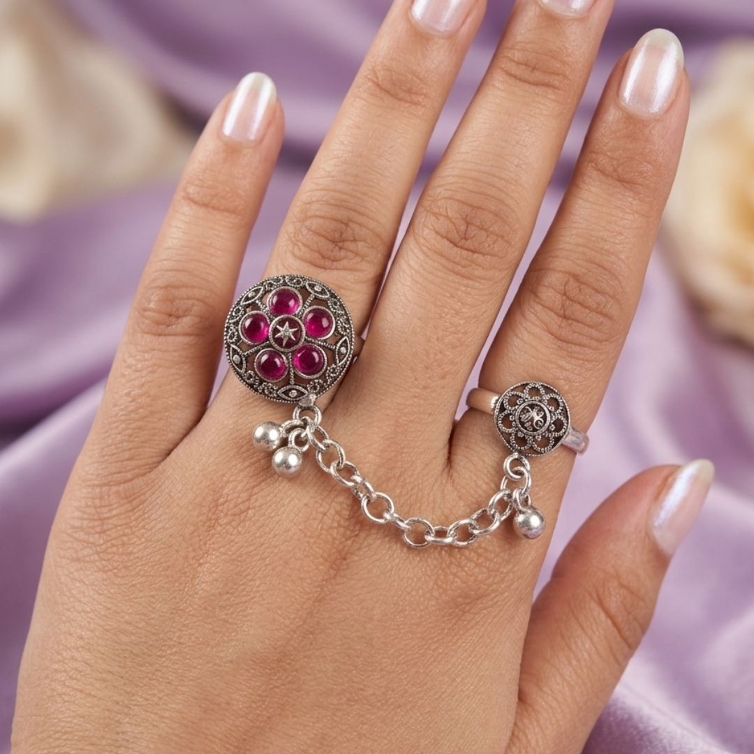 Oxidized German Silver Kashmiri-Style Pink Stone Floral Chain Hand Harness Ring