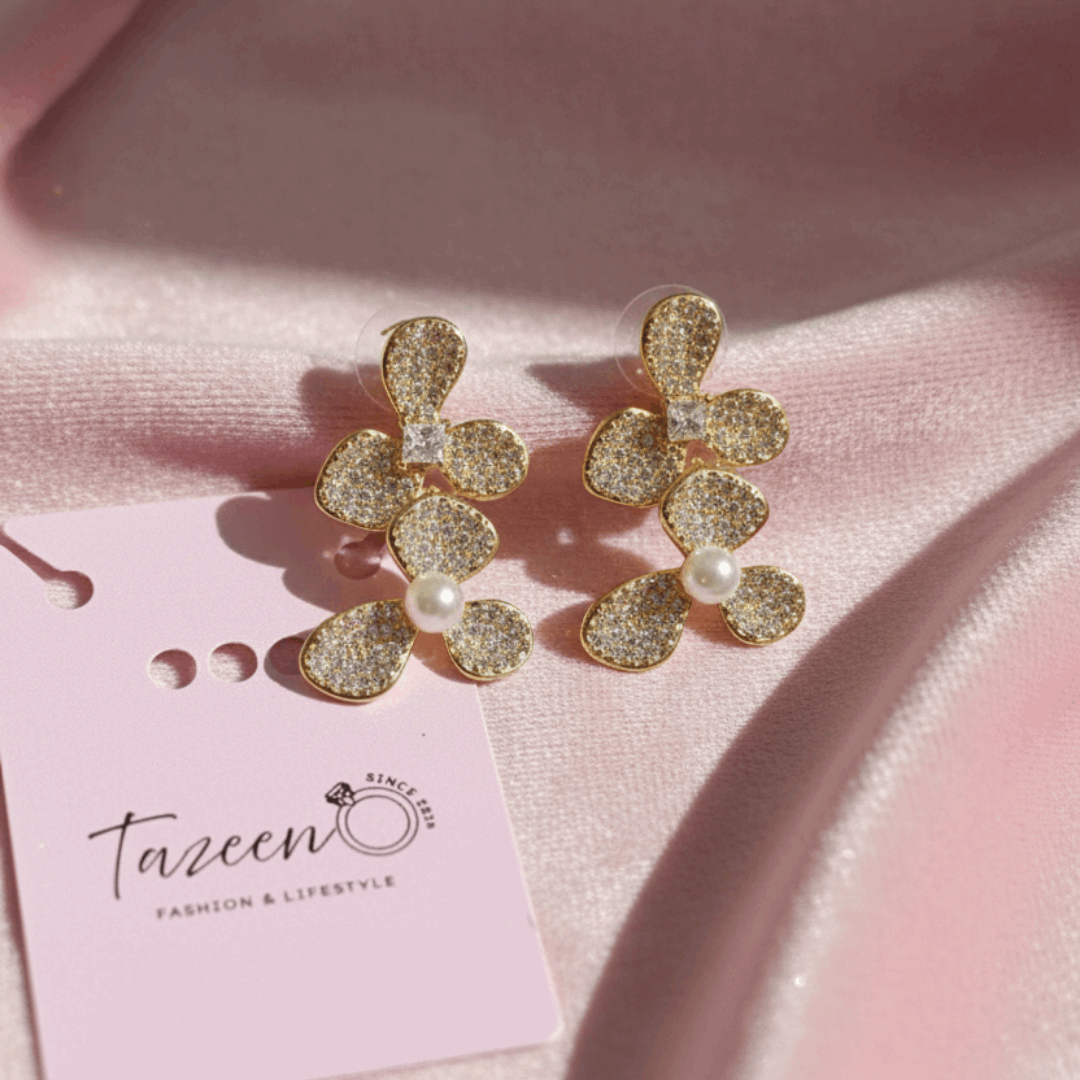 Gold Floral Crystal Pearl Earrings