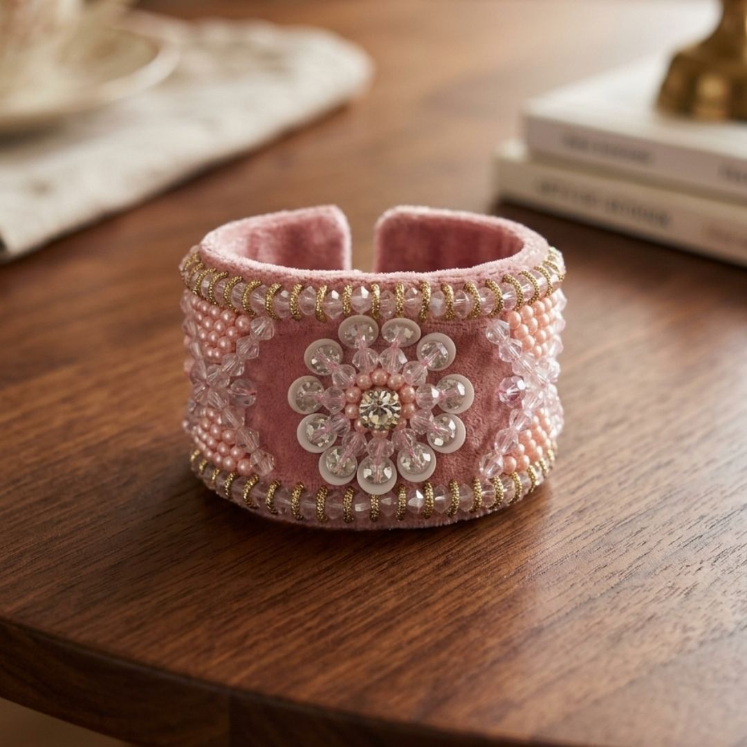 Elegant Handcrafted Pink Embroidered Bracelet with Pearl