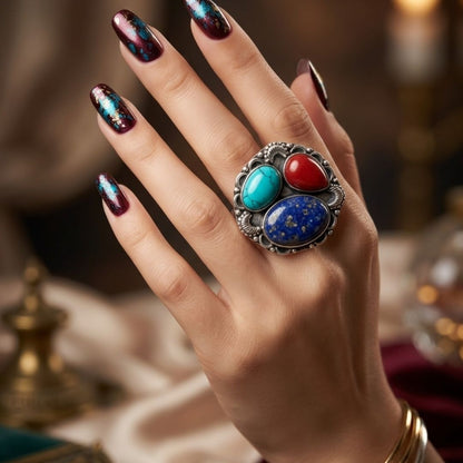 Vintage Boho Multi-Stone Cluster Ring in Oxidized Silver