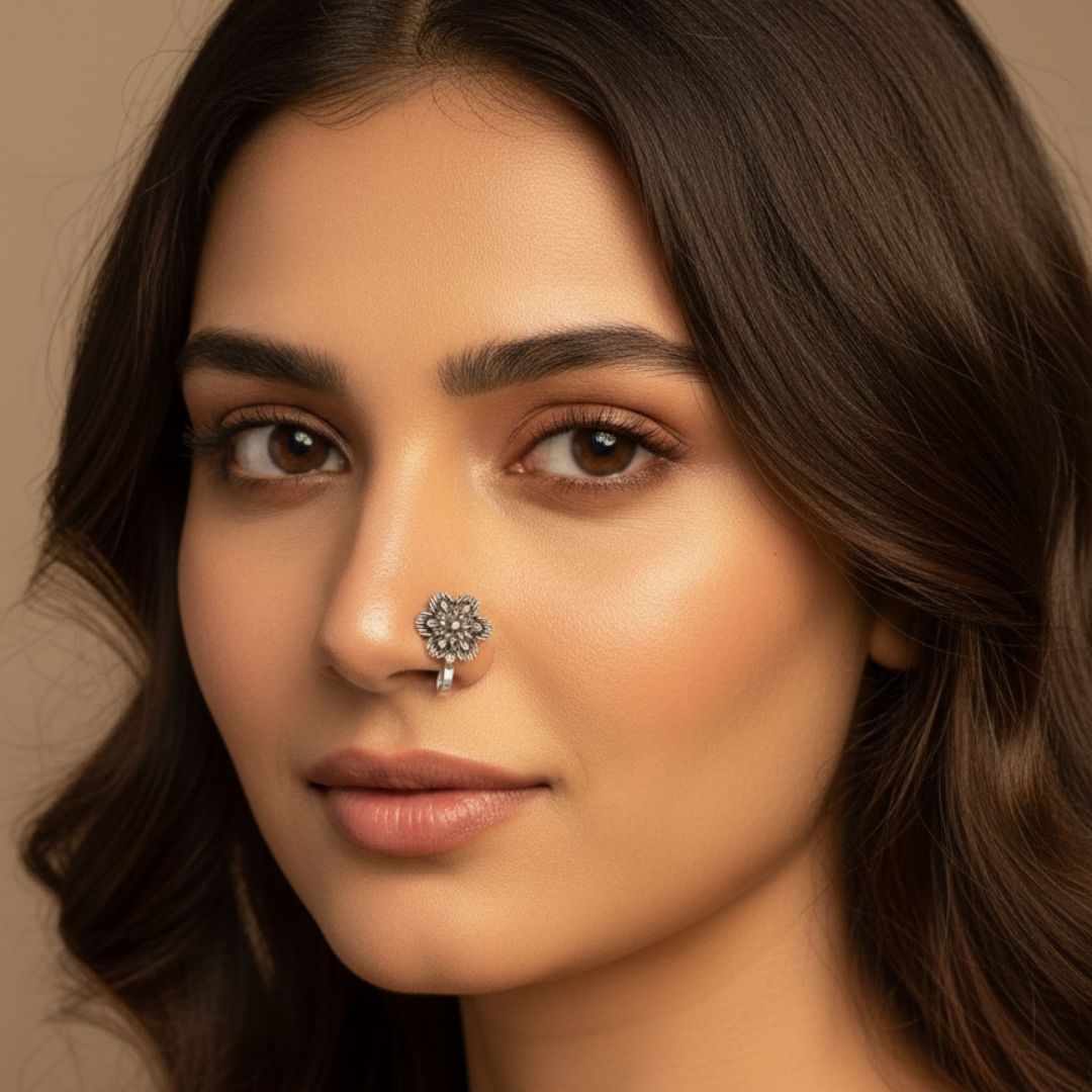 Oxidised Silver Nose Pin Set – 6 Unique Stone & Floral Variations