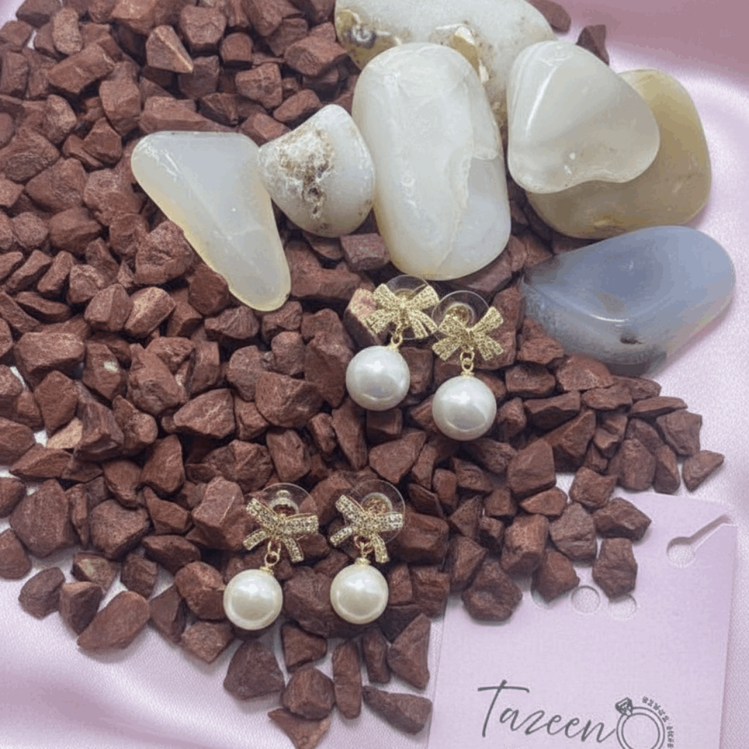 Bow Pearl Drop Earrings Gold