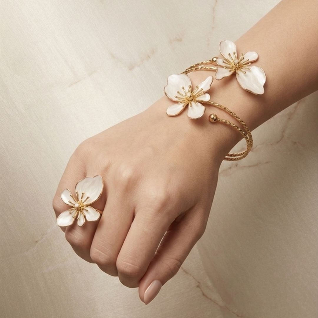Elegant Floral Armlet with Ring Combo – Gold-Tone Bracelet with Pearl Petal Design
