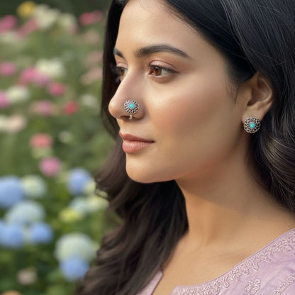 Oxidised Silver Nose Pin Set – 6 Unique Stone & Floral Variations