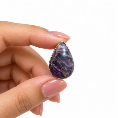 Oxidised Silver Teardrop Ring with Purple Natural Stone