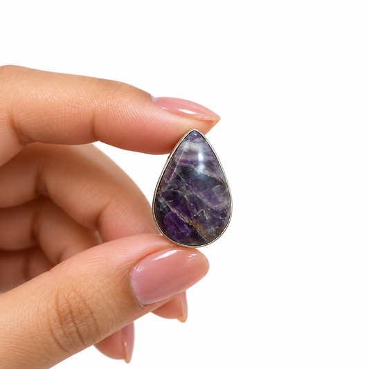 Oxidised Silver Teardrop Ring with Purple Natural Stone