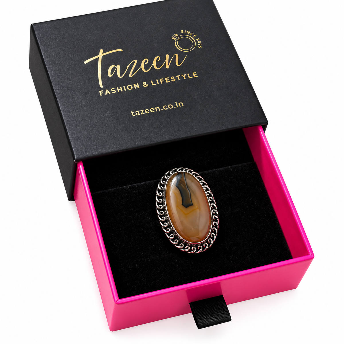 Oxidised Silver Brown Stone Statement Ring for Women