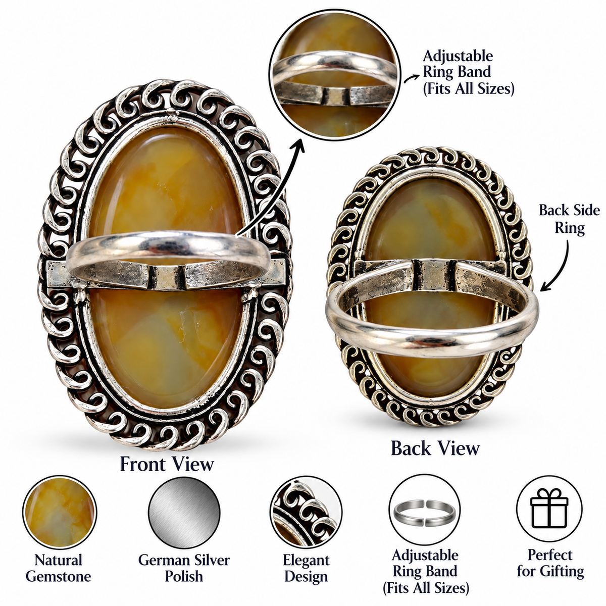 Oxidised Silver Brown Stone Statement Ring for Women