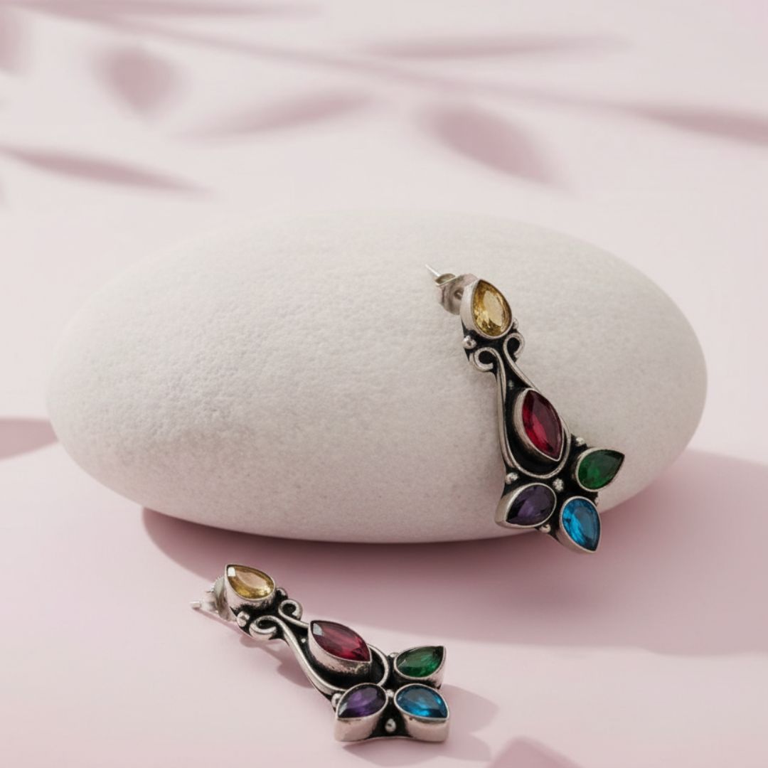 Oxidized Multicolor Navratna Stud Earrings