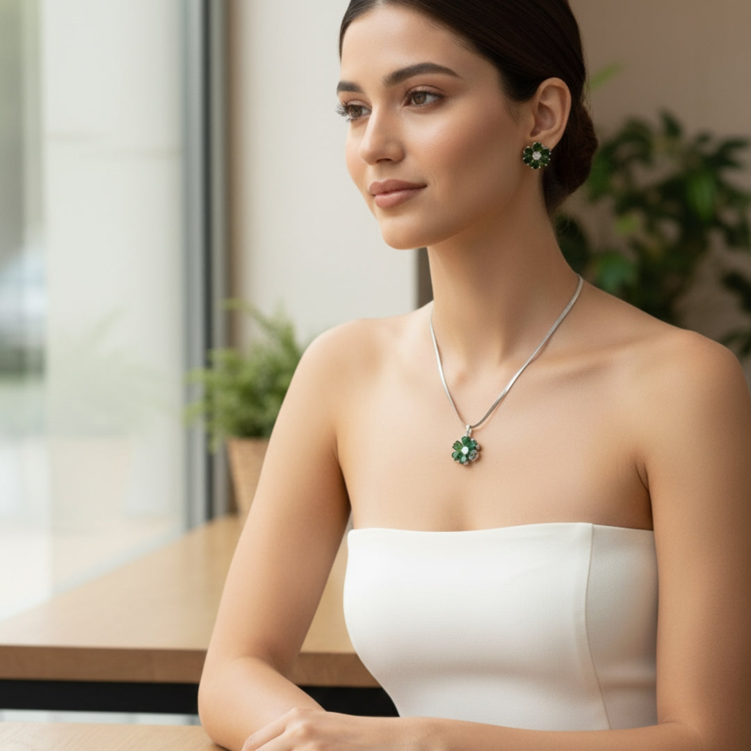 Green Floral American Diamond Necklace Set