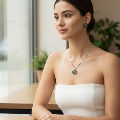 Green Floral American Diamond Necklace Set