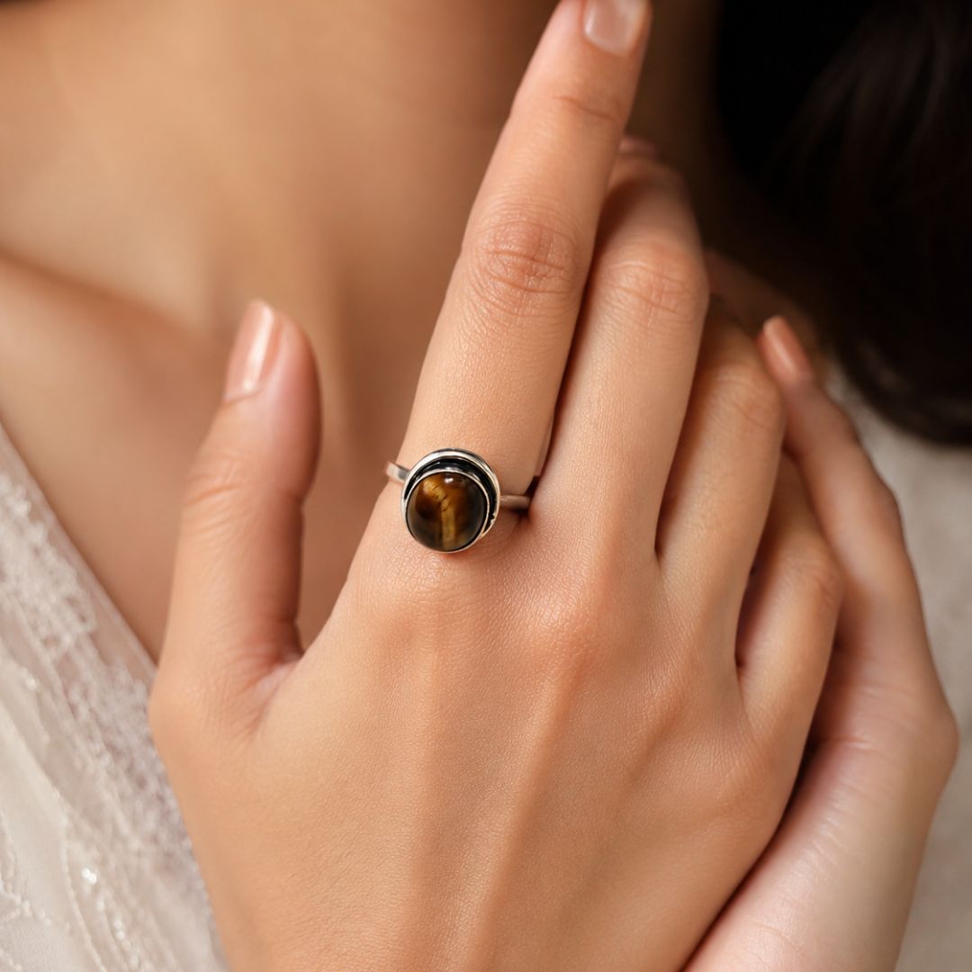 Tiger Eye Oval Gemstone Ring in German Silver-Tone Setting