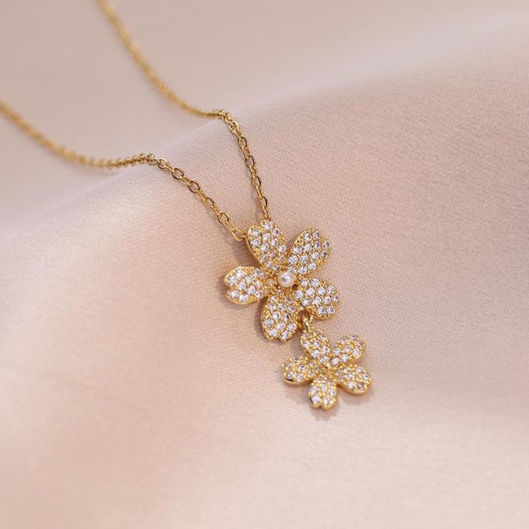 Floral Double Flower CZ Pendant Necklace | Layered Crystal Blossom Silver Chain