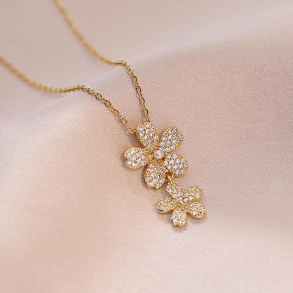 Floral Double Flower CZ Pendant Necklace | Layered Crystal Blossom Silver Chain