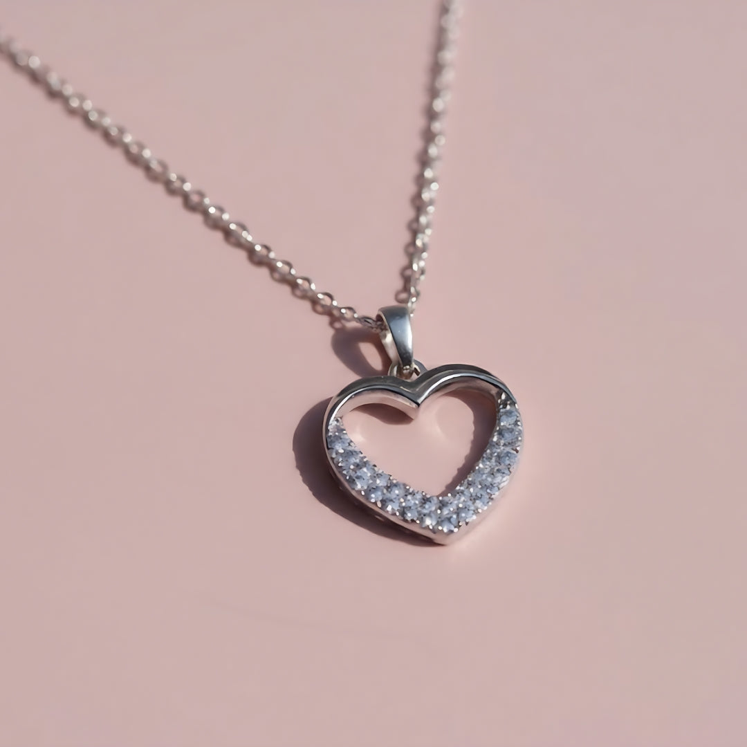 Silver Open Heart Pendant Necklace – Crystal Accent