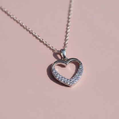 Silver Open Heart Pendant Necklace – Crystal Accent