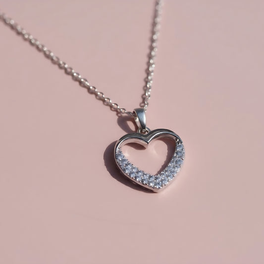 Silver Open Heart Pendant Necklace – Crystal Accent