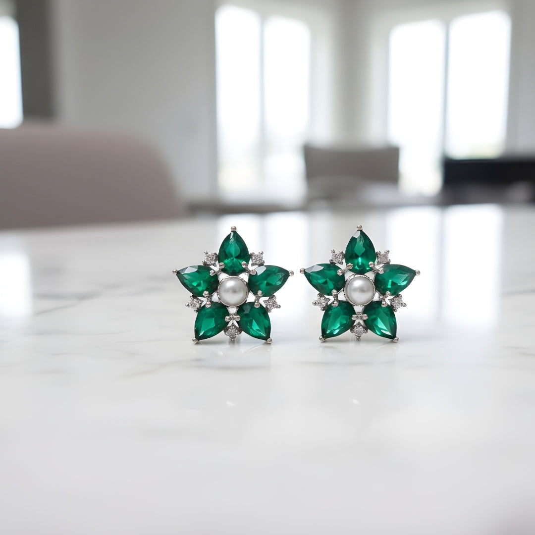 American Diamond Emerald Floral Stud Earrings