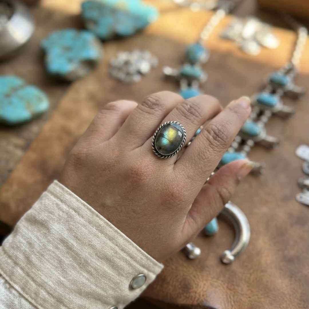 Vintage Lapis Green Crystal Stone Oxidised Silver Ring