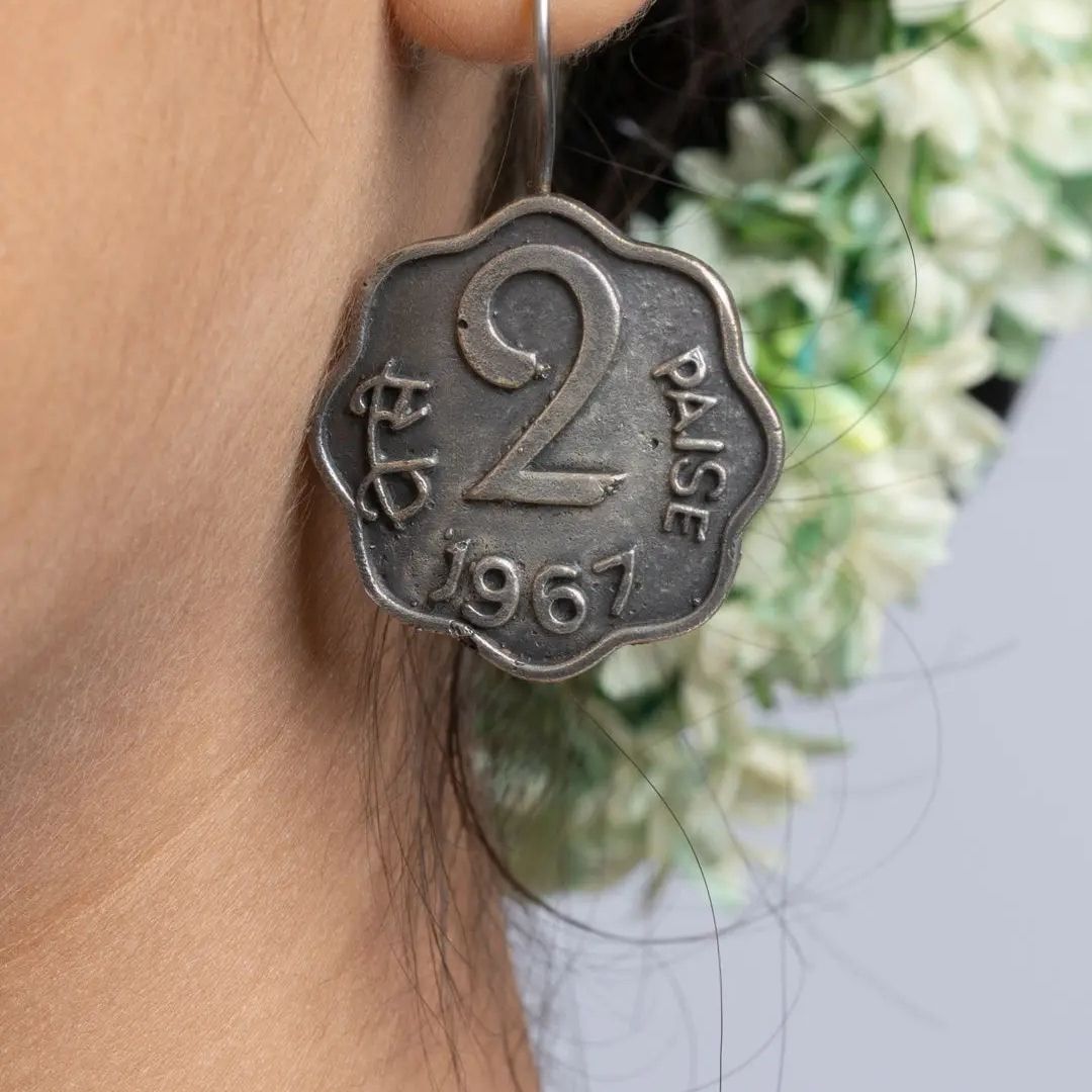 Antique German Silver 2 Paisa Coin Earrings | Oxidized Traditional Jewelry
