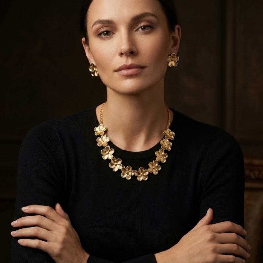 Gold Plated Floral Necklace Set with Earrings