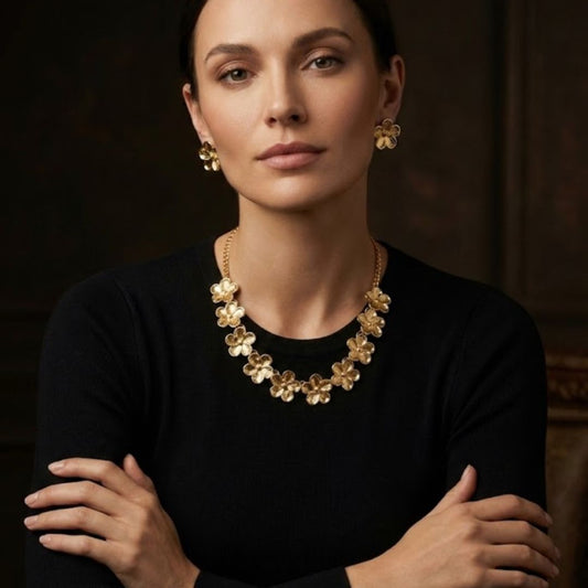 Gold Plated Floral Necklace Set with Earrings