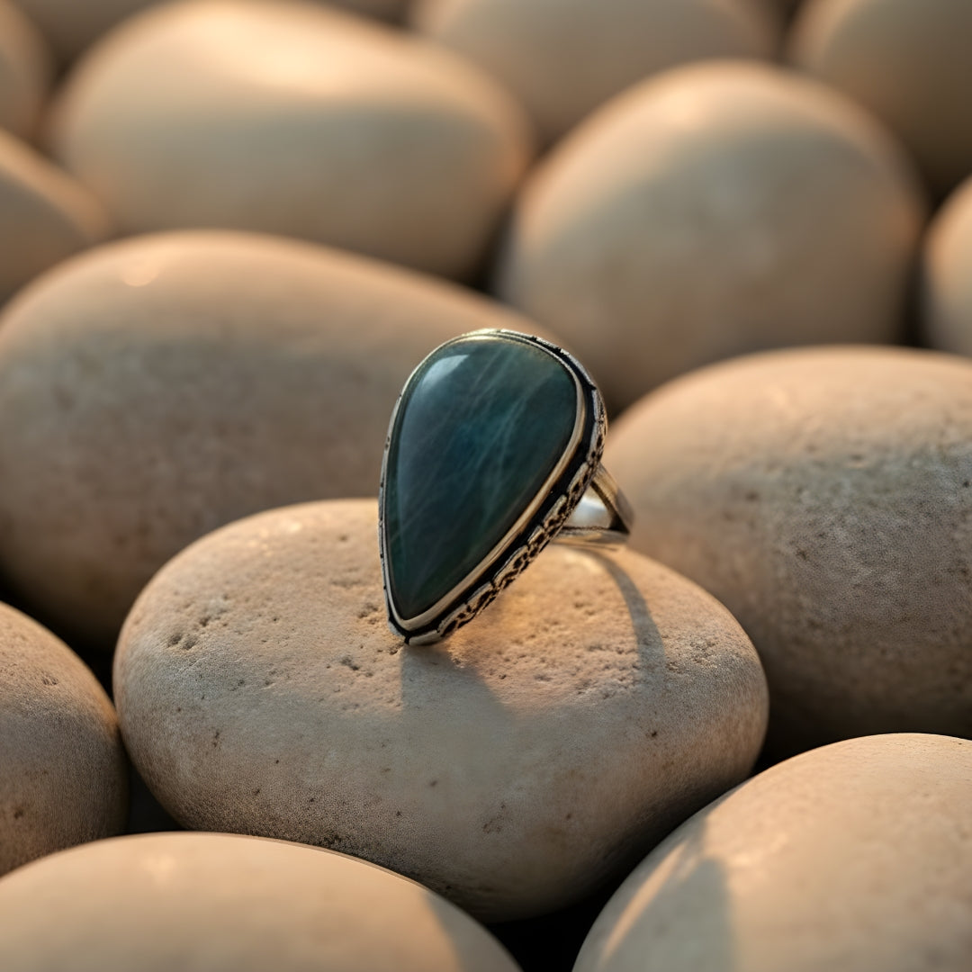 Oxidized Silver Amazonite Teardrop Ring