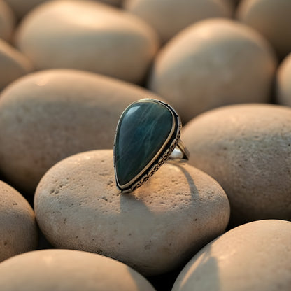 Oxidized Silver Amazonite Teardrop Ring