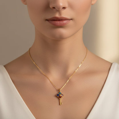 Gold Key Pendant Necklace with Colorful Stones
