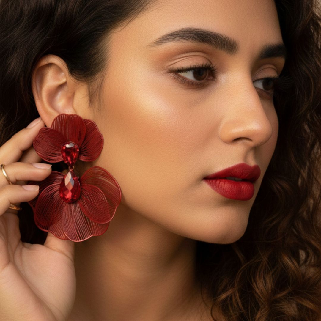 Maroon Floral Statement Earrings for Women – Lightweight Party Wear Earrings for Girls