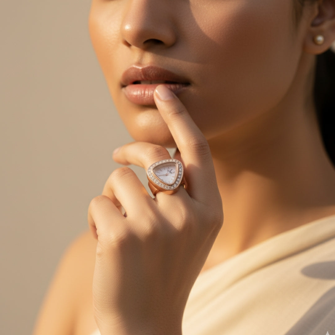 Rose Gold Finger Watch | Crystal Studded Fashion Ring