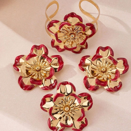 Elegant Gold & Red Floral Jewelry Set – Bracelet, Earrings & Ring Combo