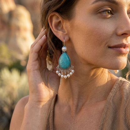 Vintage Turquoise & Pearl Drop Earrings in Sterling Silver