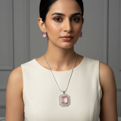 Pink Square American Diamond Necklace Set