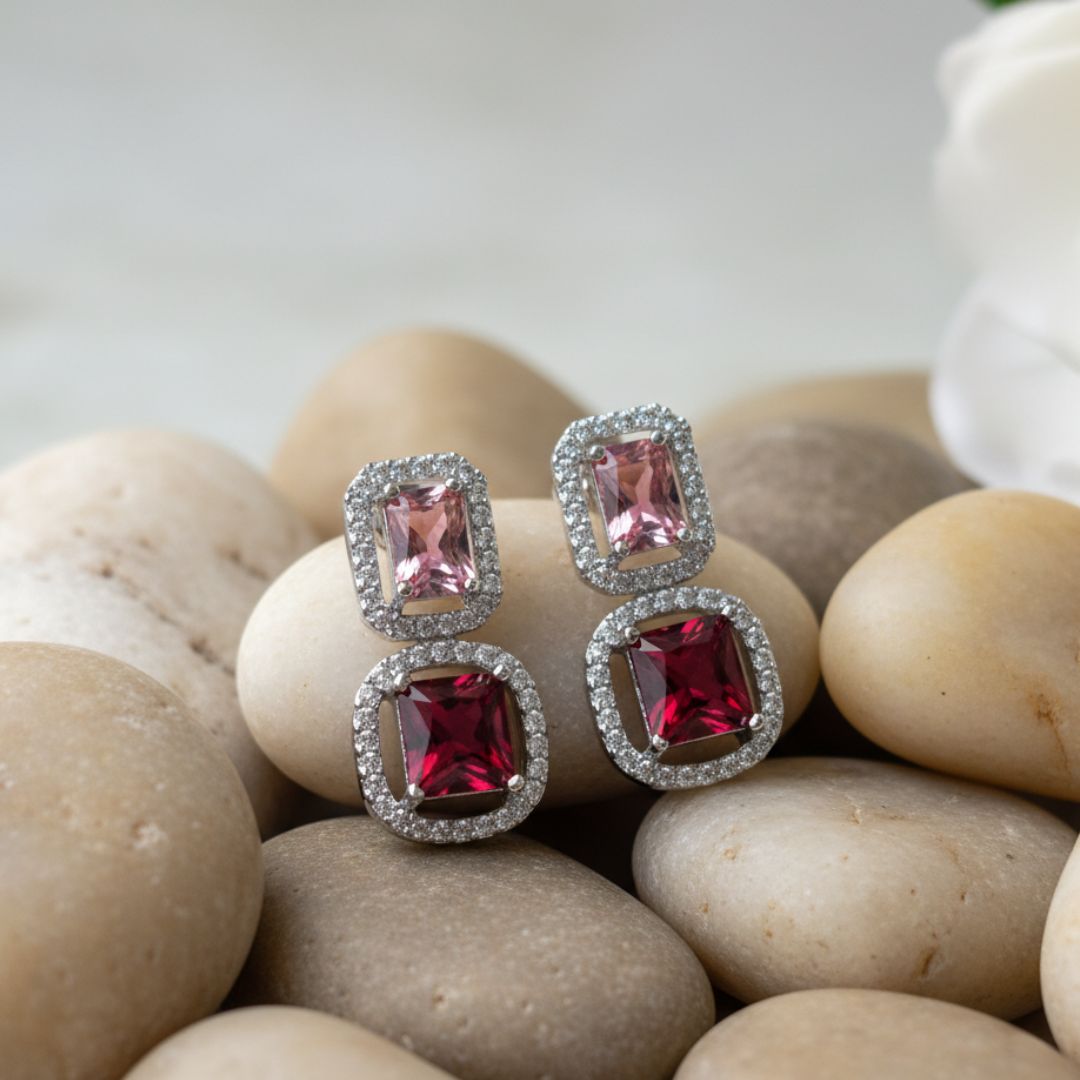 American Diamond Red and Pink Stud Earrings