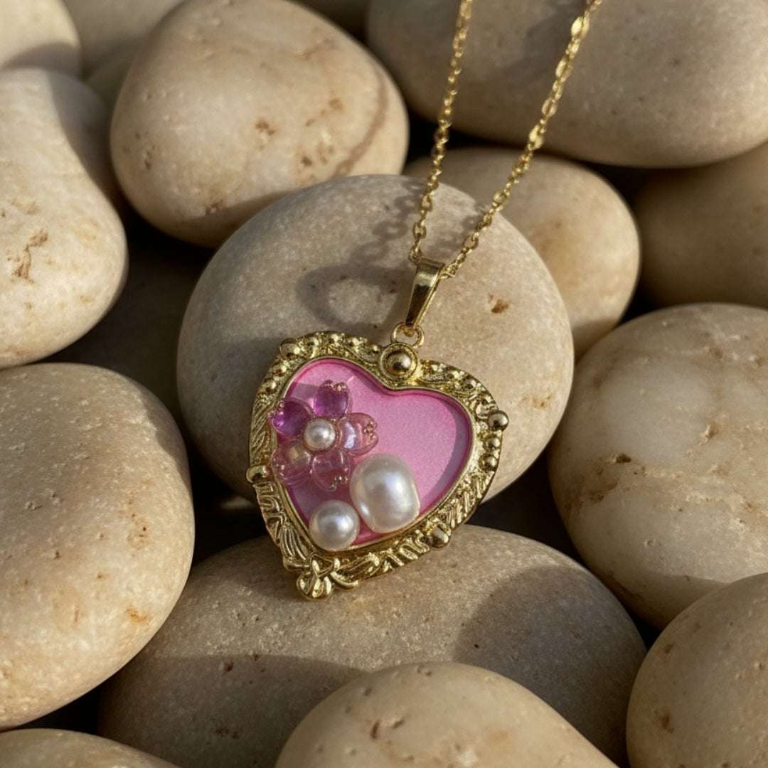 Gold Heart Pendant Necklace with Pearls