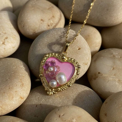 Gold Heart Pendant Necklace with Pearls