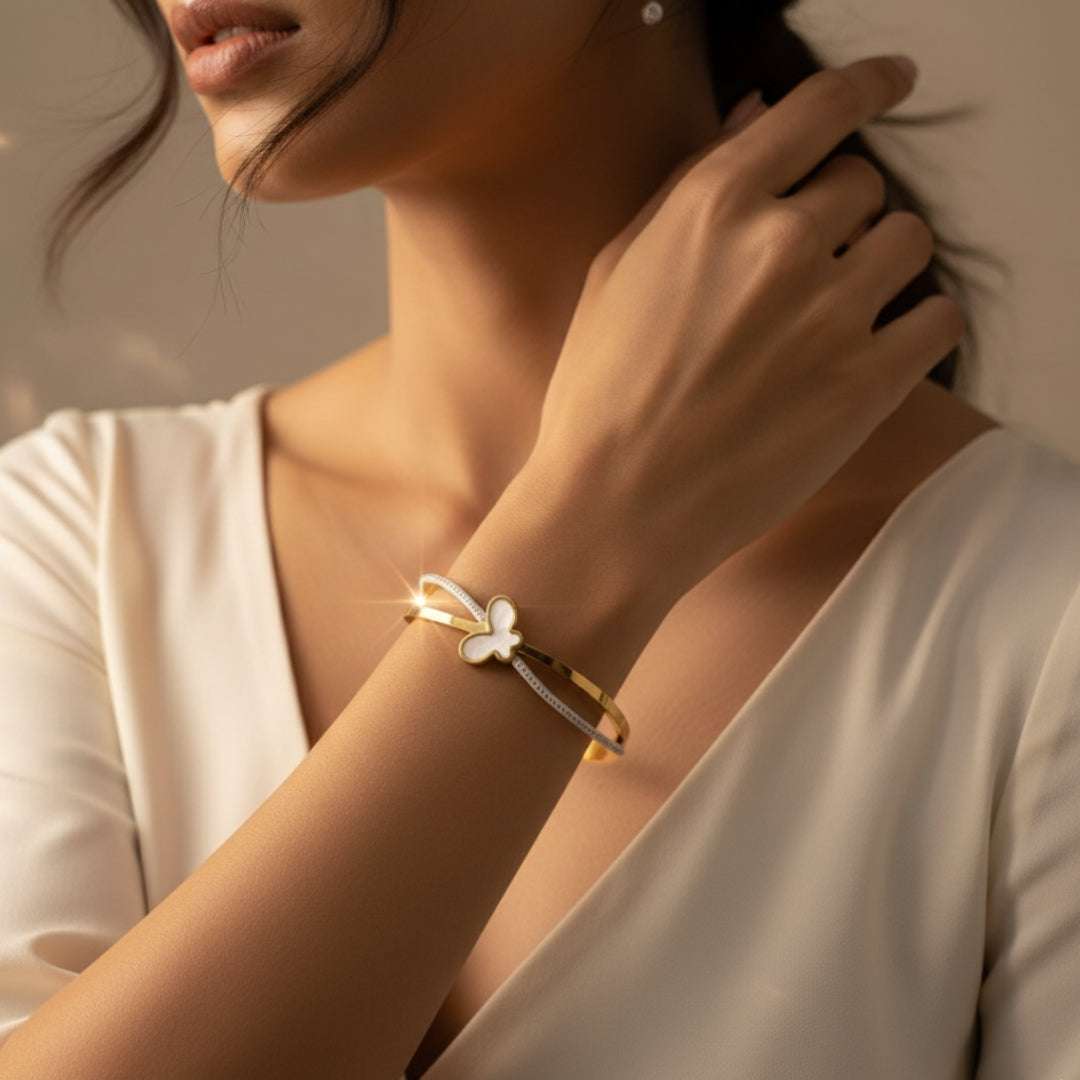 Anti-Tarnish Butterfly Bracelet | Mother of Pearl & Crystal Bangle
