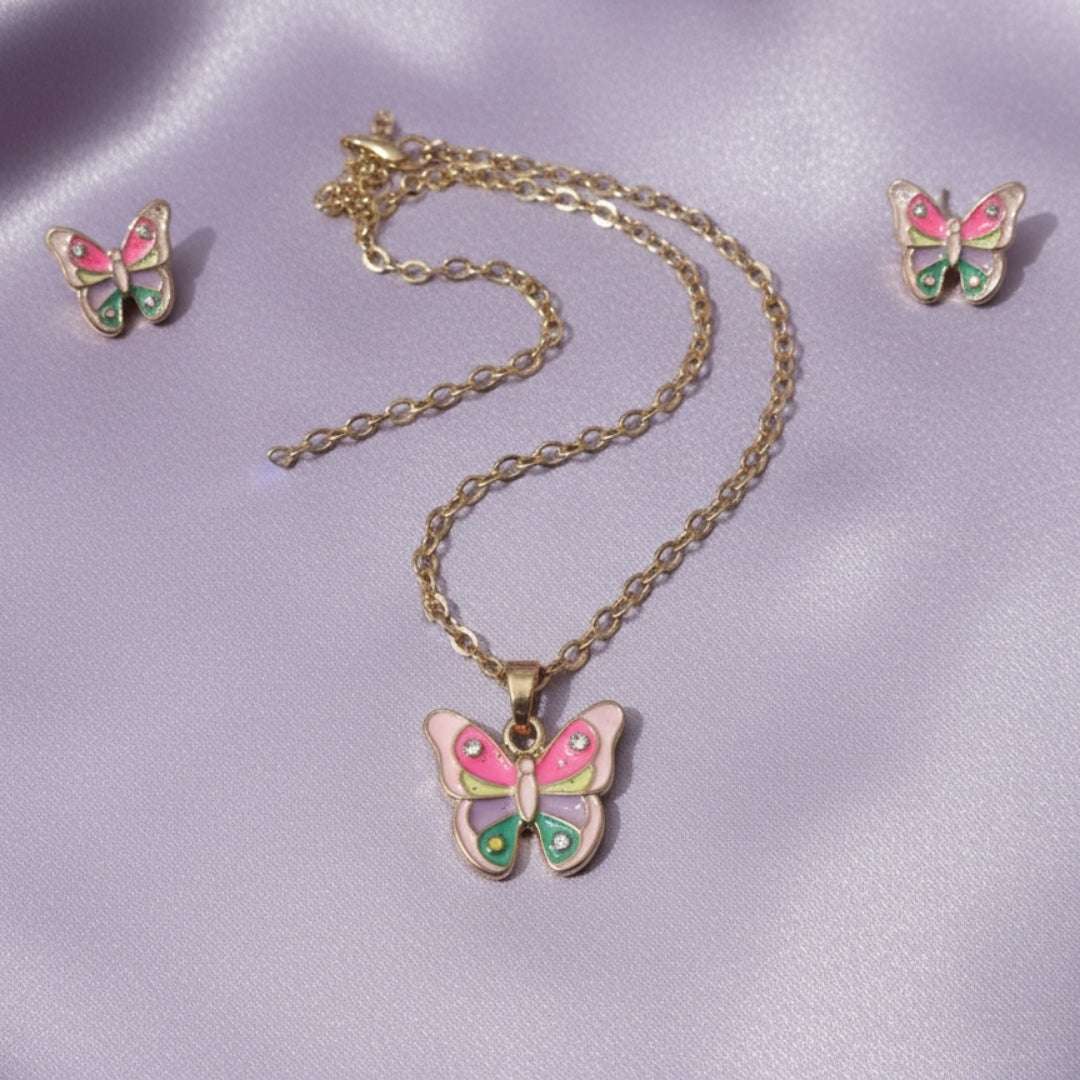 Kids Butterfly Necklace & Earring Set – Multicolor Enamel