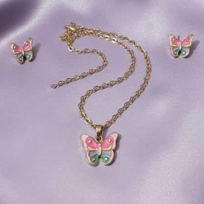 Kids Butterfly Necklace & Earring Set – Multicolor Enamel