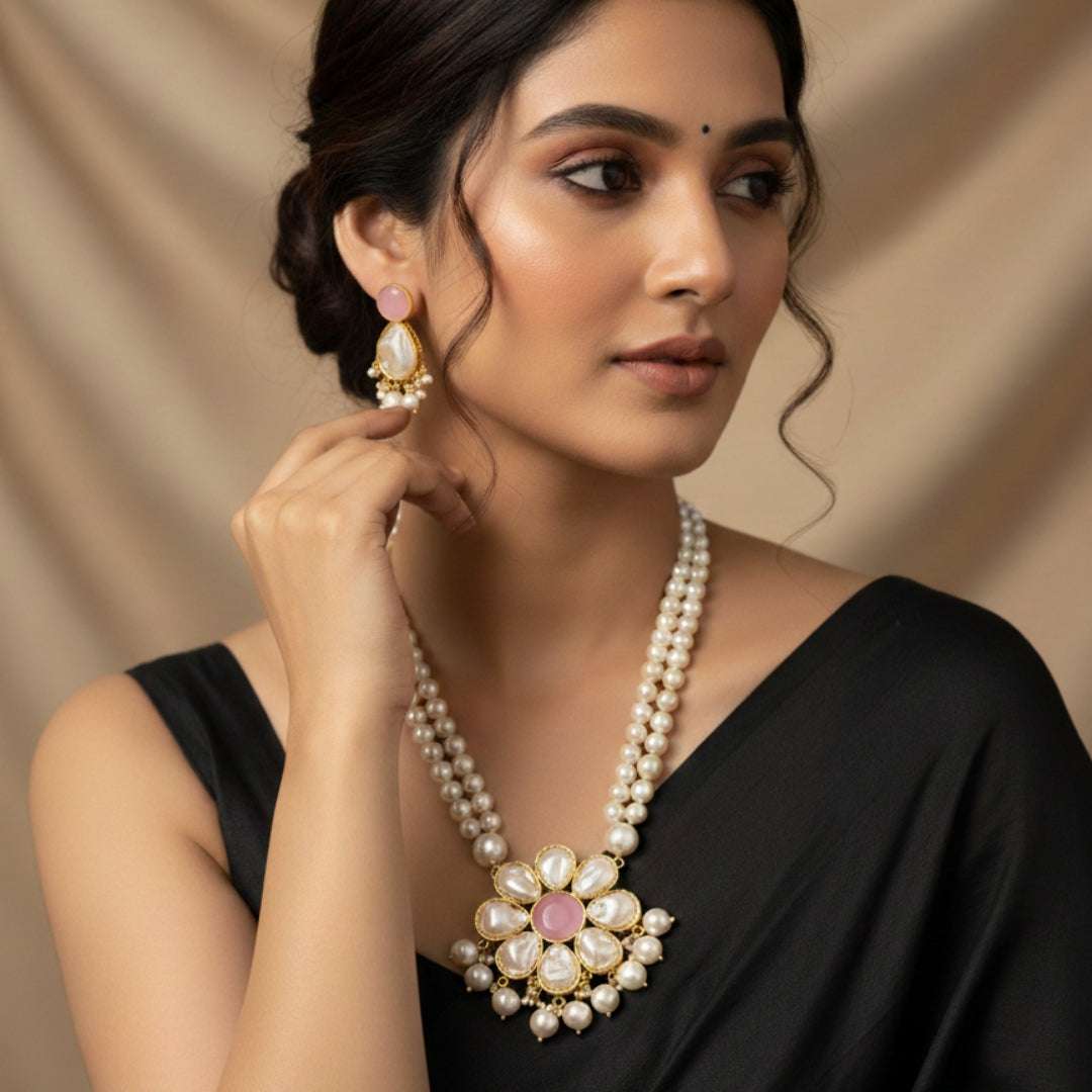 Natural Stone & Pearl Floral Necklace Set