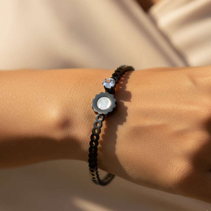 Black Plated Floral Bracelet | Pearl & Crystal Accent Bangle