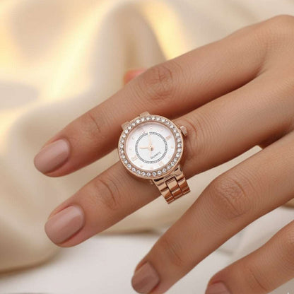 Rose Gold Crystal Finger Watch | Elegant Adjustable Ring Timepiece